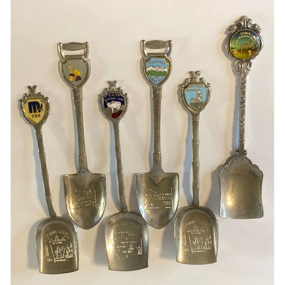 6 Souvenir Spoon Shovel style Enamel State Crest Embossed Bowl Vintage Travel